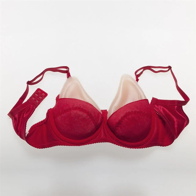 Teardrop Shaped Silicone Breast Forms with Red Pocket Bra - Image 8